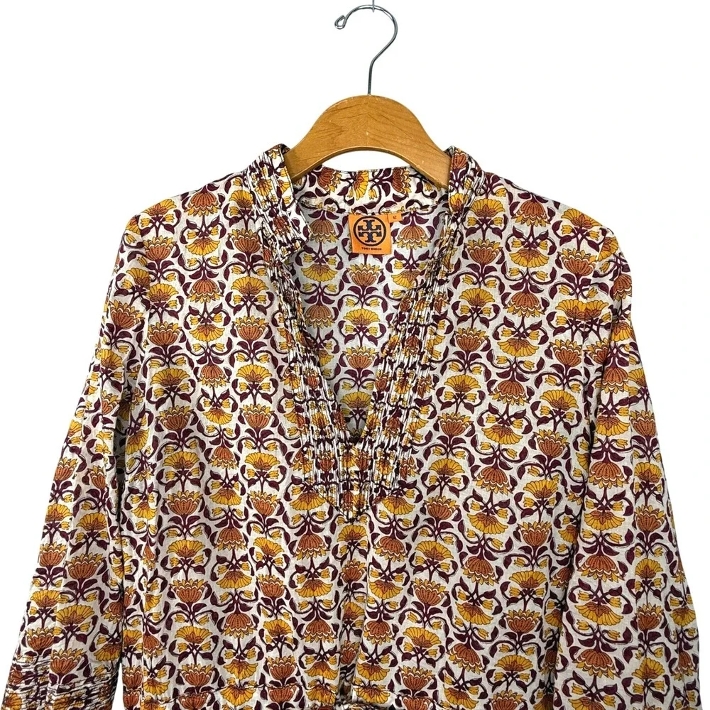 Tory Burch Tunic Dress Women 12 Orange Floral Cotton V-Neck Long Sleeve Boho